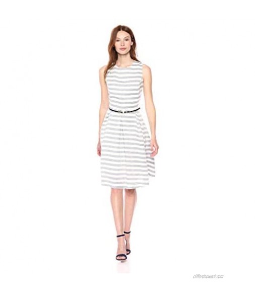 NINE WEST Women's Striped Fit and Flare Dress with Self Belt