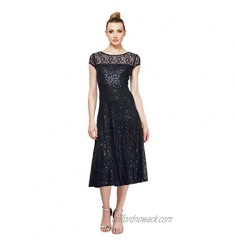 S.L. Fashions Women's Midi Length Sequin Lace Fit and Flare Dress (Missy Petite)