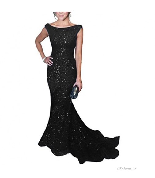SOLOVEDRESS Women's Mermaid Sequined Formal Evening Dress for Wedding Prom Gown