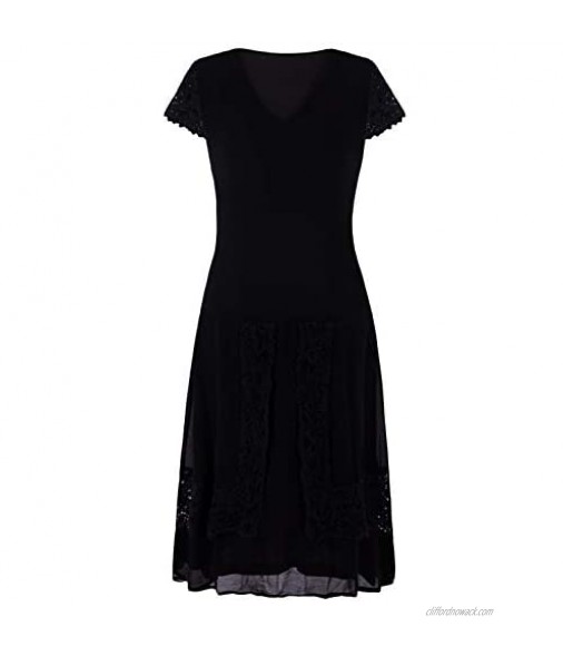 VIJIV Womens Black 1920s Lace Flapper Dresses V Neck Roaring 20s Gatsby Dress with Sleeves