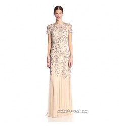 Adrianna Papell Women's Floral Beaded Godet Gown with Sheer Short Sleeves