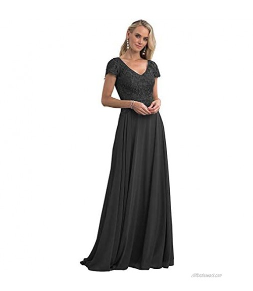 AKHOKA Women's Lace Appliques Long Mother of The Bride Dress Chiffon Evening Gown with Sleeves