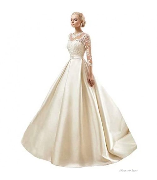 Dimei Lace Ball Gown Wedding Dresses Long Sleeve Princess Bridal Gowns Satin Bride Dress