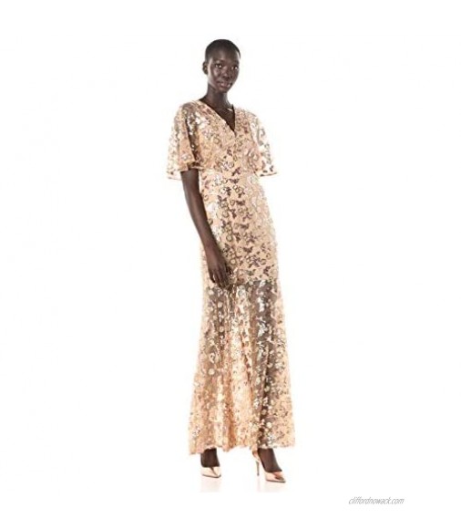 Dress the Population Women's Lourdes Flutter Sleeve Sequin Lace Long Gown