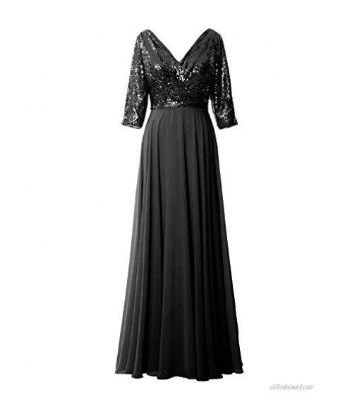 MACloth Women Long Sleeve V Neck Long Sequin Mother of Bride Dresses Maxi Gown