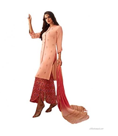 Peach Silk Georgette Indian Embroidered Parallel Salwar Kameez Muslim Dress 4245B