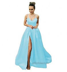 Prom Dresses Long for Women A-line V-Neck Satin Long Formal Ball Gown Sleeveless Party Skirt