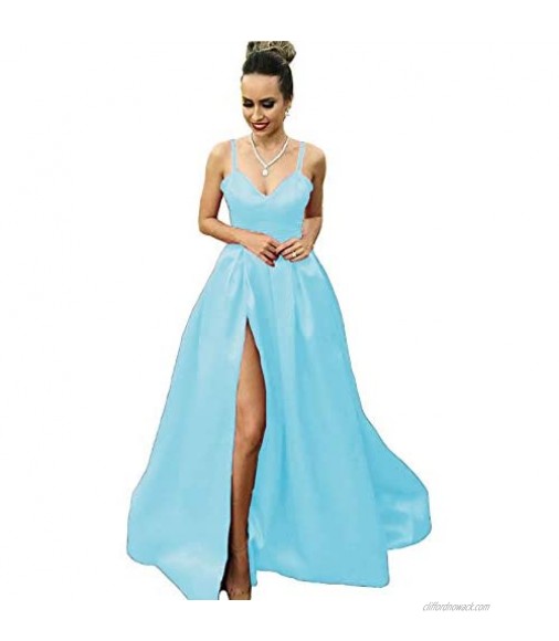 Prom Dresses Long for Women A-line V-Neck Satin Long Formal Ball Gown Sleeveless Party Skirt