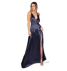 SheIn Women's Sexy Satin Deep V Neck Backless Maxi Party Evening Dress X-Small Solid Navy