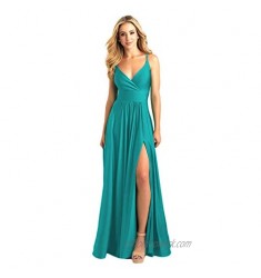 SOLODISH Women's Spaghetti Straps V Neck Chiffon Long Bridesmaid Dress with Slit Formal Evening Gown