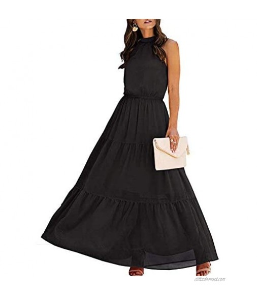 Women's Casual Backless Loose Ruffle Sundress Halter Neck Sleeveless Floral Long Maxi Dress with Belt