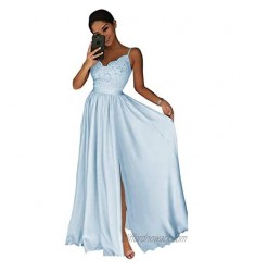 Women's Lace Formal Prom Dresses Long V Neck Bridesmaid Dress A Line Evening Gown Chiffon Slit Skirt