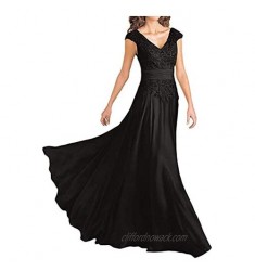 Women's Long V-Neck Cap Sleeve Lace Mother of The Bride Dresses Evening Formal Gown M001