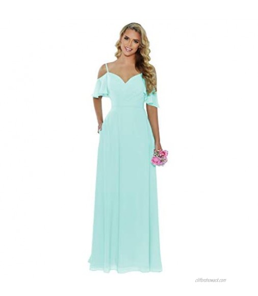 Women's Off The Shoulder Chiffon Bridesmaid Dresses Long Ruched Spaghetti Straps Prom Formal Evening Gown with Pockets