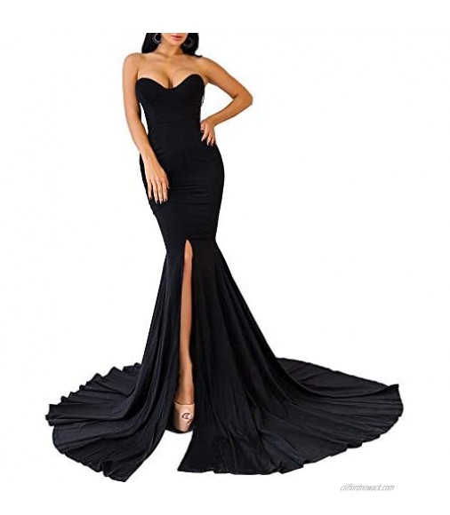 WRStore Womens Strapless Asymmetric Slit Front Evening Party Wedding Maxi Dress
