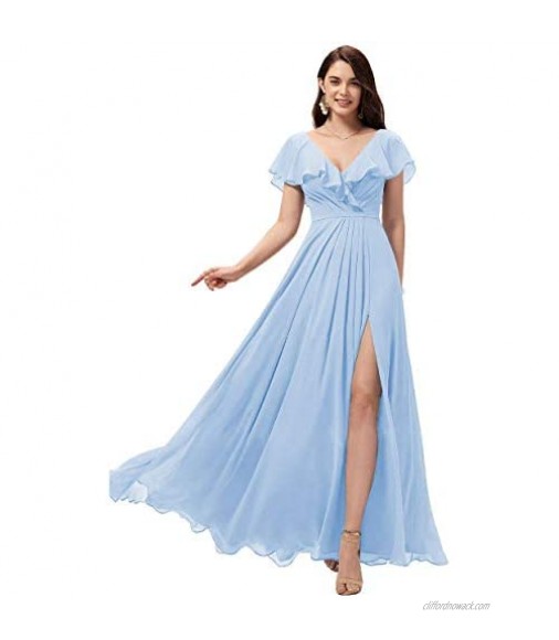 YUSHENGSM Women's A Line V Neck Bridesmaid Dresses Long Ruffle Sleeves Chiffon Formal Evening Gown with Slit