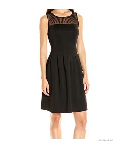 ELLEN TRACY Women's Fit and Flare Scuba Dress with Embellished Neckline
