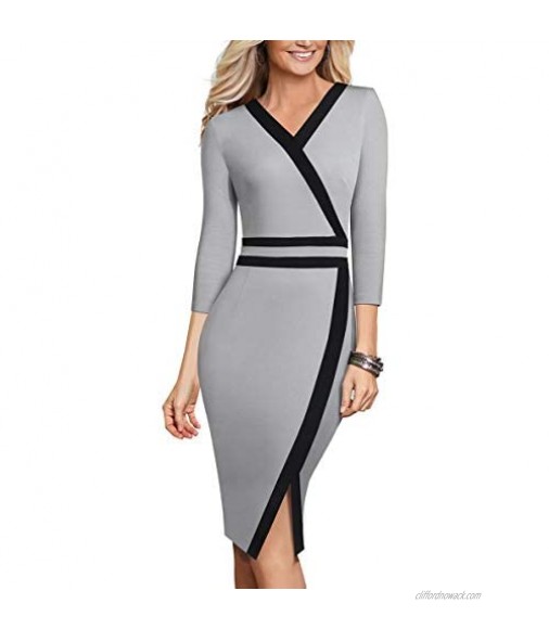 HOMEYEE Womens Slim Contrast Color Work Business Office Party Sheath Dress B563