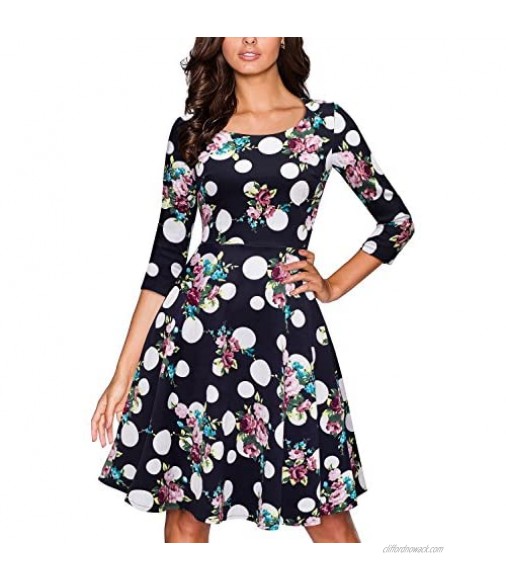 VELJIE Women's Retro 1950s Style 3/4 Sleeve Floral Print Flare A-line Dress