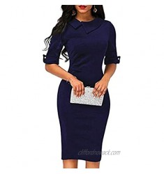 ZAJ Office Women Dresses Solid Color Turn-Down Collar Half Sleeve Lady for Bodycon Pencil Dress Female 1pc (Color : Blue  Size : XXXXX-Large)