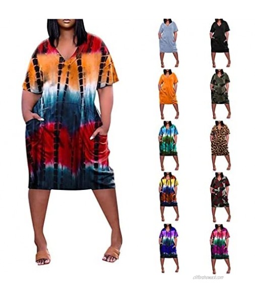 GKASA Women Plus Size V-Neck Gradient Tie-dye Print T Shirt Dresses Casual Short Sleeve Beach Sundress with Pockets