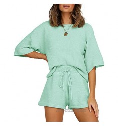 JOYCHEER Womens Two Piece Outfits 3/4 Sleeve Solid Knit Rompers with Drawstring Beach Shorts