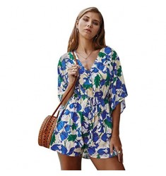 LANISEN Womens Summer Sexy V Neck Long Kimono Sleeves Floral Printed Bohemian Beach Romper Shorts