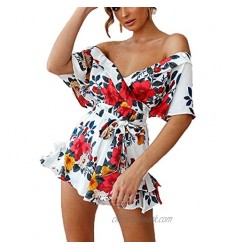 LIAOPUFUS Women's Summer Floral V Neck Mini Jumpsuit Off Shoulder Dress Floral Print Rompers
