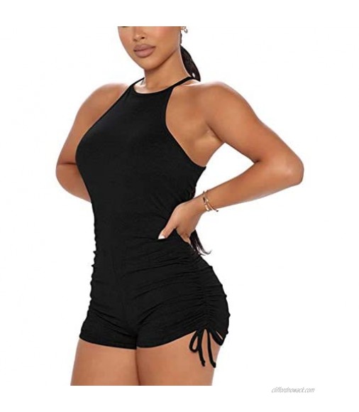 Mieeyali Women Sexy Bodycon High Neck Short Romper Ruched Drawstring Short Jumpsuit One Piece Outfit
