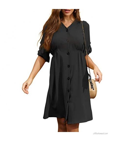M.Nollby Womens Dress Summer Casual Tops Button Down Short Sleeves Loose Blouse Midi Dress
