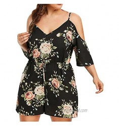 Plus Size Sling Rompers Shorts Vintage Floral Print Suspender Jumpsuits for Women Summer Sexy V Neck 3/4 Sleeve Overalls