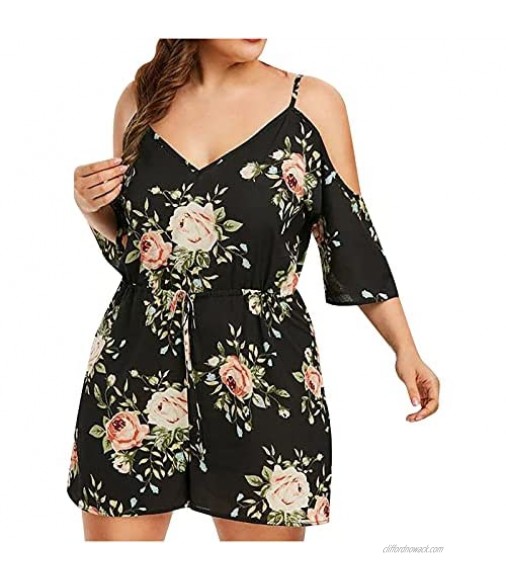 Plus Size Sling Rompers Shorts Vintage Floral Print Suspender Jumpsuits for Women Summer Sexy V Neck 3/4 Sleeve Overalls