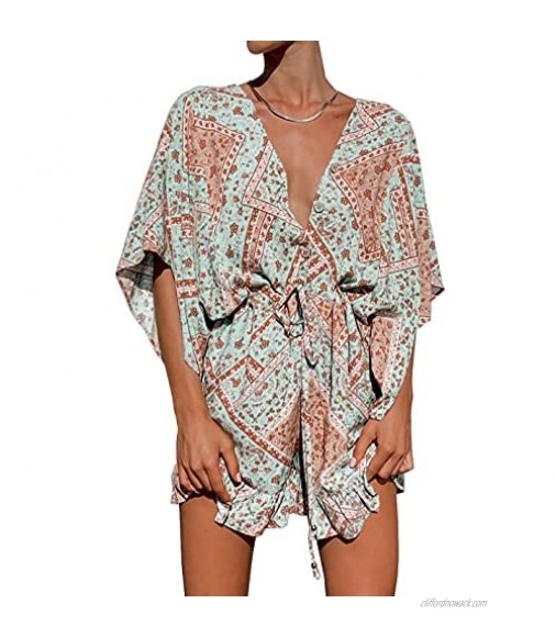 RIXDAS Women's Romper Summer Floral Print Deep V-Neck Plus Size Short Jumpsuit