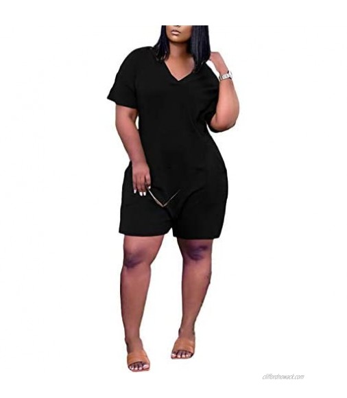 Vakkest Women's Summer Casual Jumpsuit One Piece Short Sleeve Shorts Loose Plus Size Outfit Rompers with Pockets
