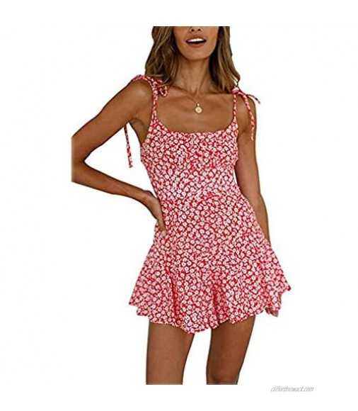 Women 's Floral Rompers Short Jumpsuit Pleated Mini Dress Spaghetti Strap Zip Up Playsuit (Red S)