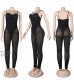 Women Sexy Adjustable Strap Sheer Ruched Mesh See Through Padding Bandage Jumpsuit Romper Outfit Club Party Nightout