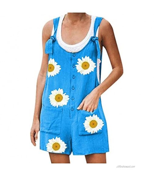 Women's Casual Daisy Overalls Shorts Jumpsuit Rompers With Pockets Adjustable Straps Solid Denim Bib Overalls Shorts