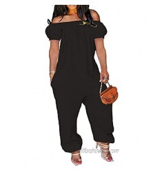 Women's Plus Size Solid Off Shoulder Stretchy Short Sleeve Romper Jumpsuit with Pockets