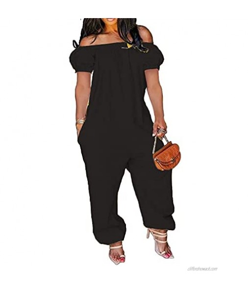 Women's Plus Size Solid Off Shoulder Stretchy Short Sleeve Romper Jumpsuit with Pockets