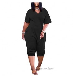Xikerswo Women's V Neck Solid Rompers Short Sleeve Sexy Loose Playsuit Jumpsuit with Pockets