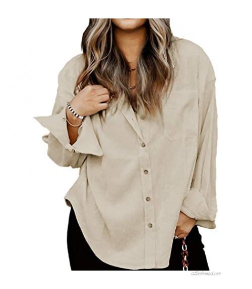 Actloe Womens Long Sleeve Corduroy Shirt Oversized Button Down Blouses Tops Loose Casual Jacket with Pockets