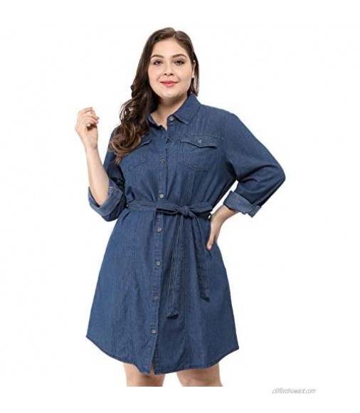 Agnes Orinda Women's Plus Size Long Sleeves Above Knee Button Down Denim Shirt Dress
