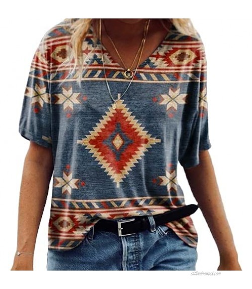 Akivide Western Aztec Ethnic Diamond Print Shirt for Women Aztec Geometric Print Tops Western Aztec V-Neck Shirt