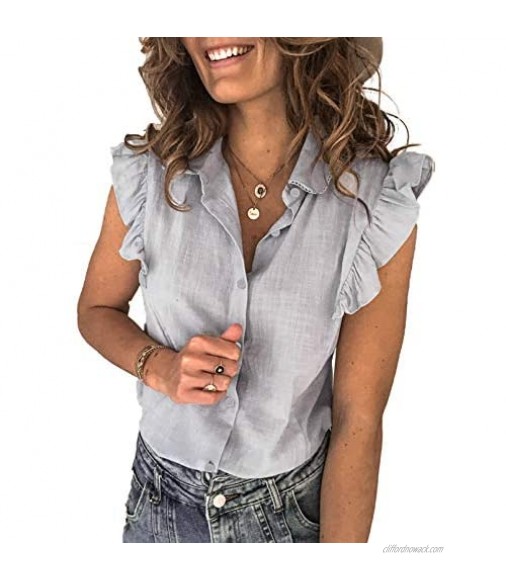 BLENCOT Womens Casual Crochet V Neck Tops Ruffle Cap Short Sleeve Shirts Blouses