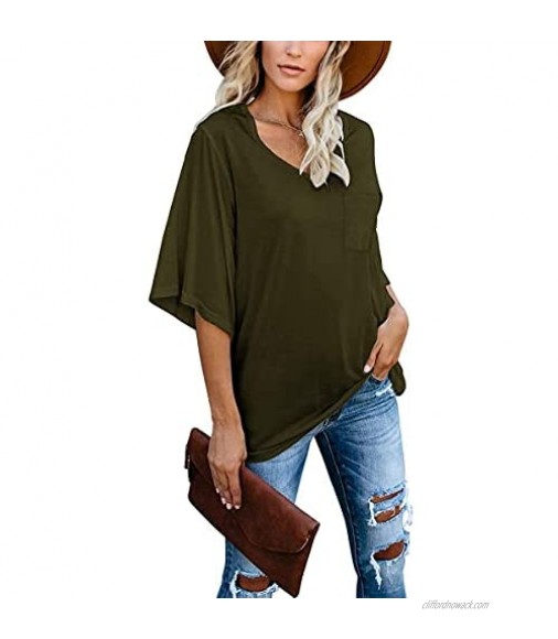 cordat Women's Blouse Summer Tops Loose V Neck Bust Pocket 3/4 Bell Sleeve T-Shirt