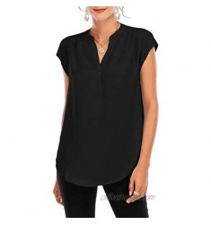 Famulily Womens Split V Neck Cap Sleeve Tops Frill Trim Elegant Work Office Blouse Shirts
