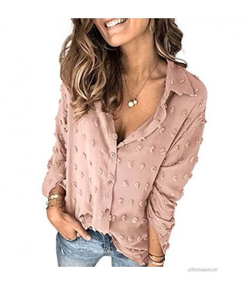 FARYSAYS Women's Chiffon Blouse Shirts Pom Pom Swiss Dot Long Sleeve Button Down Lapel Blouses Tops