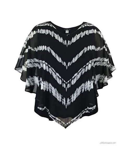 LEEBE Women's Double-Layered Print Chiffon Poncho Blouse Top (Small-5X)