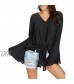 Luyeess Women's V Neck Blouse Long Bell Sleeve Tops Tie Front Knot Loose Shirt