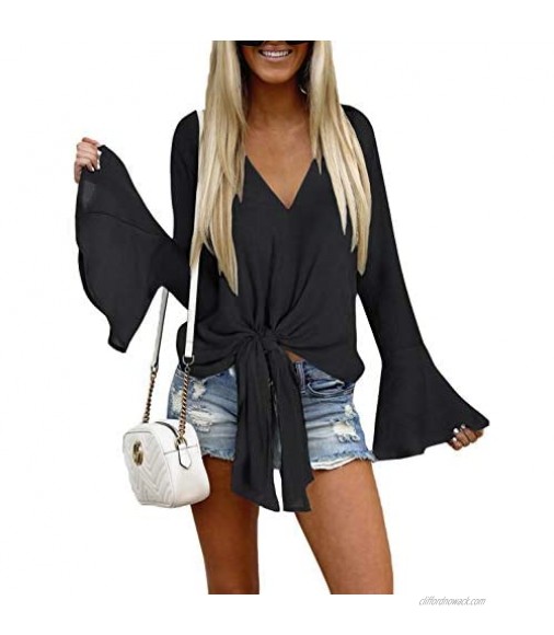 Luyeess Women's V Neck Blouse Long Bell Sleeve Tops Tie Front Knot Loose Shirt